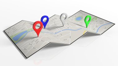 Beyaz arka plan üzerinde izole renkli işaretçilerle katlanmış kağıt harita.