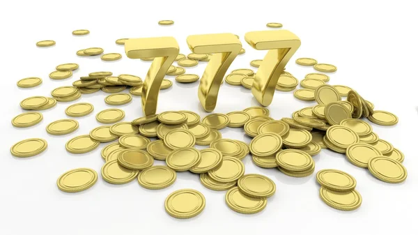 Stapel van gouden munten en 777 nummer, geïsoleerd op witte achtergrond. — Stockfoto