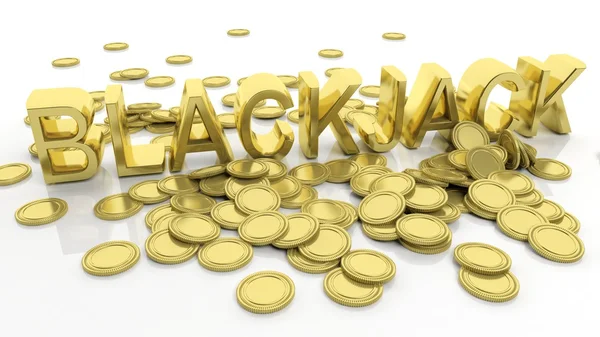 Σωρός από χρυσά νομίσματα και λέξη Blackjack, απομονώνονται σε λευκό φόντο. — Φωτογραφία Αρχείου