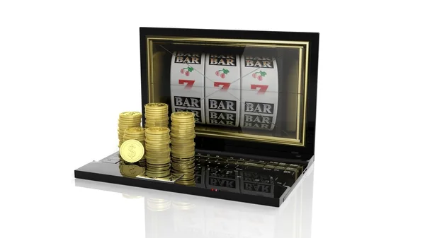 Montones de monedas de oro dólar en el ordenador portátil con 777 ranuras en la pantalla, aislado en el fondo blanco . —  Fotos de Stock