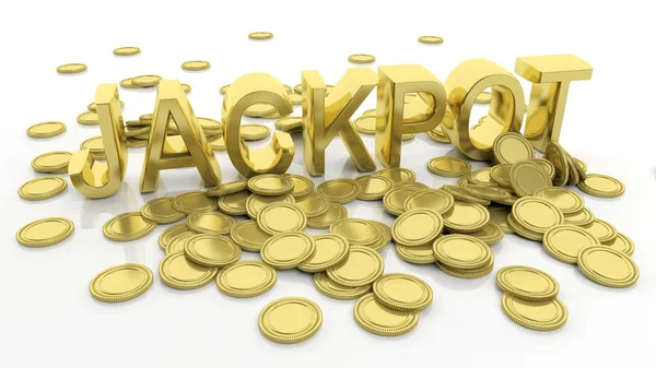 Stapel van gouden munten en word Jackpot, geïsoleerd op witte achtergrond. — Stockfoto