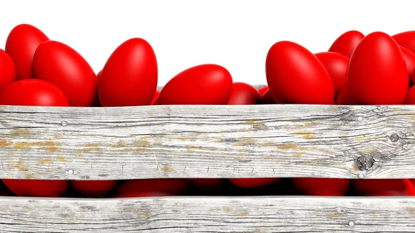 Ovos de Páscoa pintados de vermelho em recipiente de madeira, isolados em branco . — Fotografia de Stock