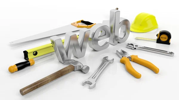 Verschiedene Handwerkzeuge mit 3D-Word-Web, isoliert auf weißem Hintergrund. — Stockfoto