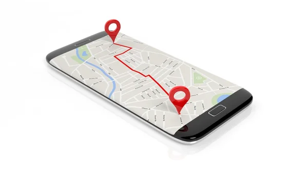 Carte avec deux pointeurs rouges marquant la route définie sur l'écran du smartphone, isolé sur blanc — Photo