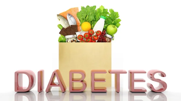 Sacchetto di carta alimentare con prodotti sani e parola Diabete 3D, isolato su bianco — Foto Stock