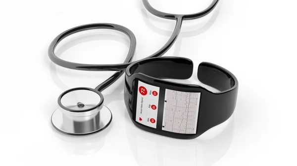 Smartwatch con app cardio sullo schermo e stetoscopio, isolato su sfondo bianco . — Foto Stock