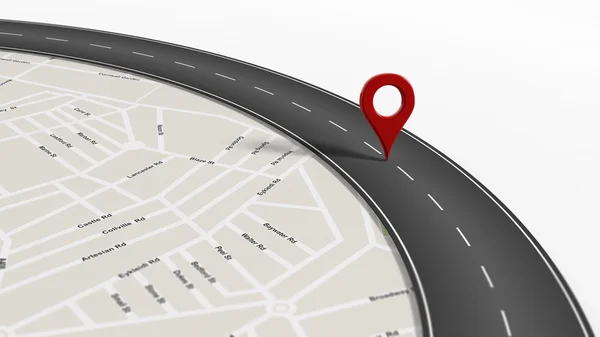 Mapa com zoom na estrada com virar e grande ponteiro vermelho, isolado no fundo branco . — Fotografia de Stock