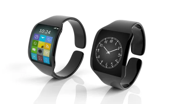 Zwei Smartwatches mit Apps und Uhr auf dem Bildschirm, isoliert auf weißem Hintergrund. — Stockfoto