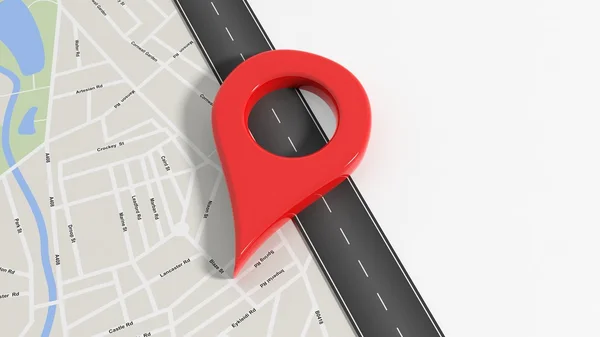 Mapa com zoom na estrada com grande ponteiro vermelho, isolado no fundo branco . — Fotografia de Stock