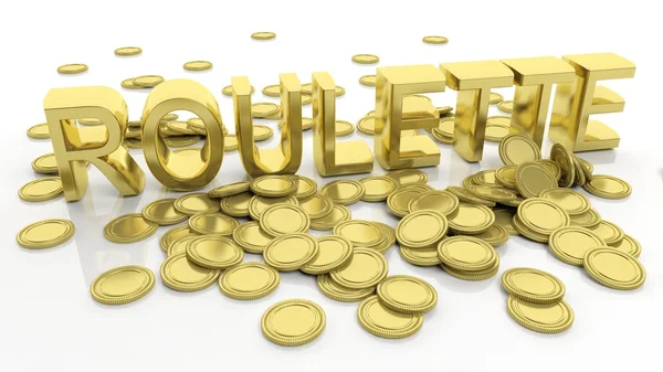 Купу золоті монети і слово рулетка, ізольовані на білому тлі. — стокове фото