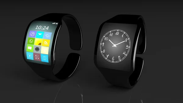 Δύο smartwatches με εφαρμογές και ρολόι στην οθόνη, απομονώνονται σε μαύρο φόντο. — Φωτογραφία Αρχείου