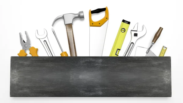 Various hand tools with blank blackboard sign for text, isolated on white background — Stock Photo, Image