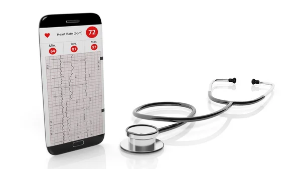 スマート フォン画面と聴診器、白い背景で隔離の心肺機能アプリ。画面と聴診器、白い背景で隔離の心肺機能アプリとスマート フォン. — ストック写真
