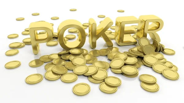 Hög med gyllene mynt och ordet Poker, isolerad på vit bakgrund. — Stockfoto