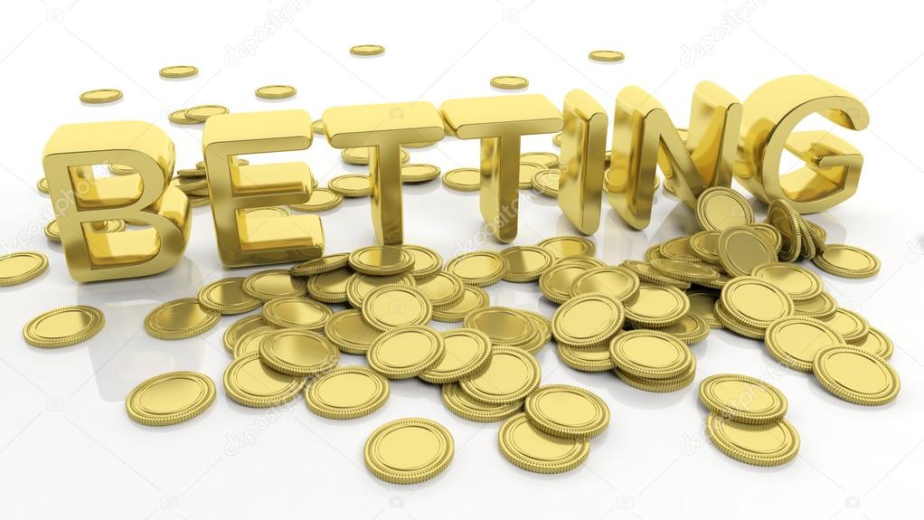 Pile of golden coins and word Betting, isolated on white background.