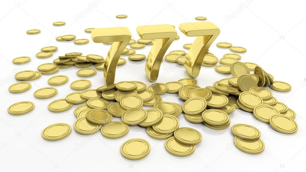 Pile of golden coins and 777 number, isolated on white background.