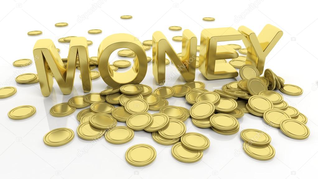 Pile of golden coins and word Money, isolated on white background.