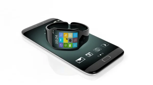 SmartWatch met apps op een scherm en smartphone, geïsoleerd op witte achtergrond. — Stockfoto