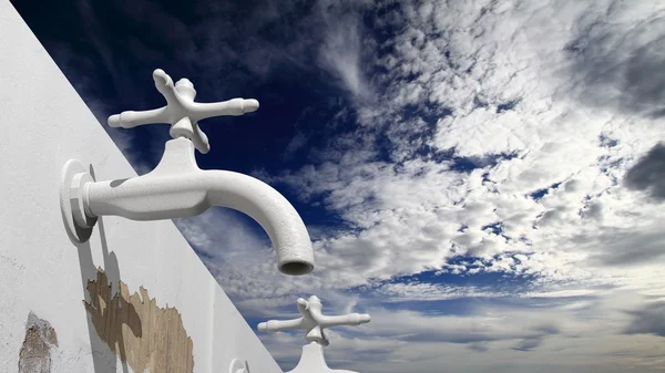 Torneira de água externa antiga 3D, com céu azul e fundo de nuvens — Fotografia de Stock