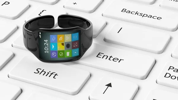 Smartwatch with apps on screen, set on white keyboard. — Stock Photo, Image