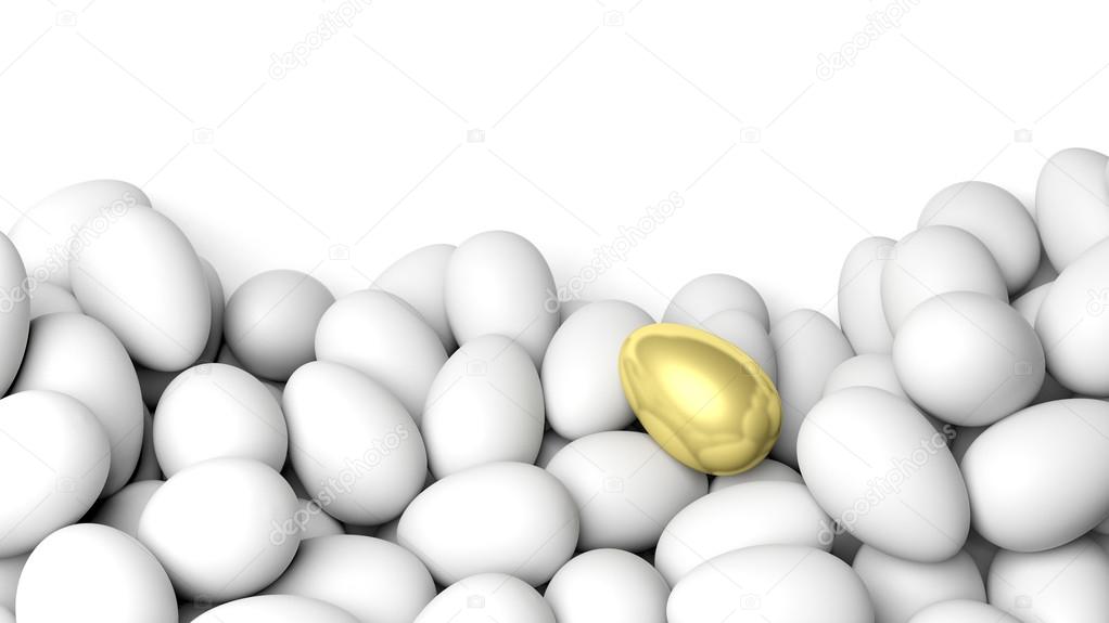 White eggs and one golden, isolated on white with copy-space