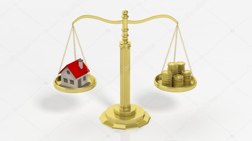 House and golden coins on scales