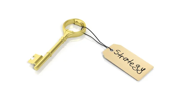 Tag met Word strategie op gouden retro sleutel, geïsoleerd op witte achtergrond. — Stockfoto