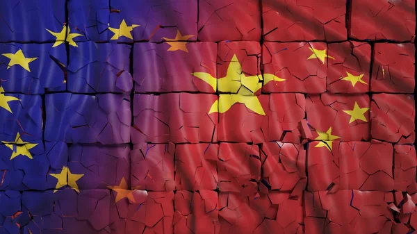 China and European Union flags, with brick wall texture and and cracks — Stock Photo, Image