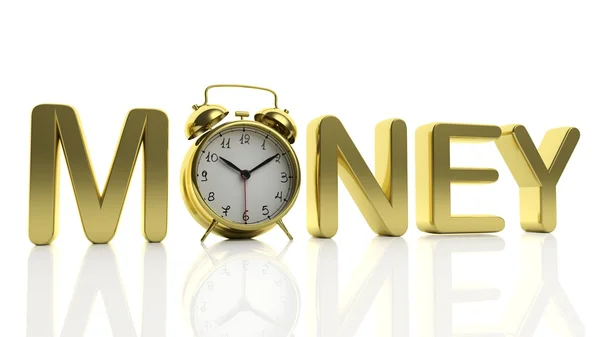 3D golden word Money with alarm clock as letter "O", isolated on white background. — Stock Photo, Image