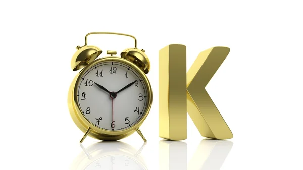 3D gyllene ordet OK med väckarklocka som bokstaven "O", isolerad på vit bakgrund. — Stockfoto