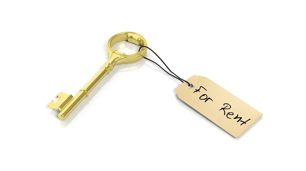 Tag com frase For Rent na chave retro dourada, isolado no fundo branco . — Fotografia de Stock