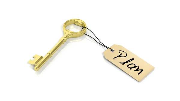 Étiquette avec mot Plan sur clé rétro dorée, isolée sur fond blanc . — Photo