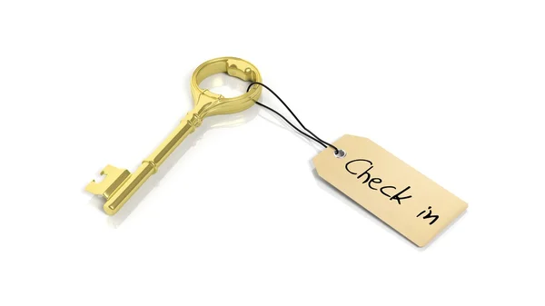Label met zin inchecken op gouden retro sleutel, geïsoleerd op witte achtergrond. — Stockfoto