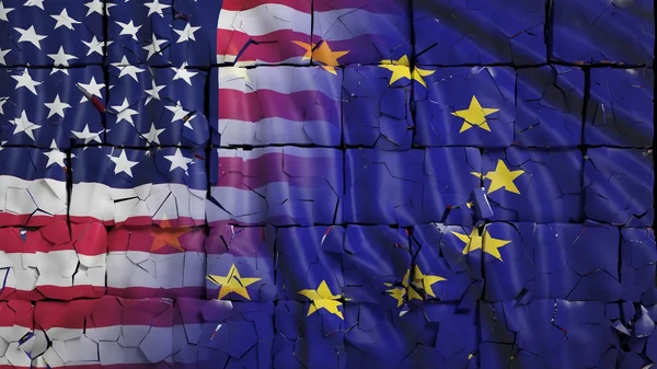 Banderas de EE.UU. y de la UE, con textura de pared de ladrillo y grietas — Foto de Stock