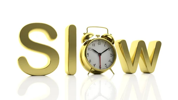 3D gyllene ord Slow med väckarklocka som bokstaven "O", isolerade på vit bakgrund. — Stockfoto