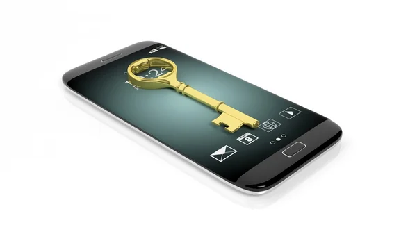 Chave retro dourada na tela do smartphone, isolada no branco — Fotografia de Stock