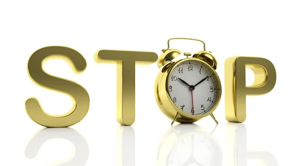 3D-gouden woord Stop met wekker als letter "O", geïsoleerd op witte achtergrond. — Stockfoto