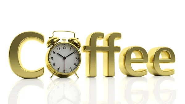 3D golden word Coffee with alarm clock as letter "O", isolated on white background. — Stock Photo, Image