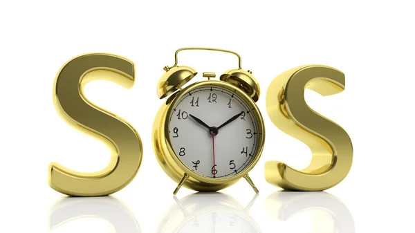 3D arany szó Sos alarm Clock, a levelet "O", elszigetelt fehér background. — Stock Fotó