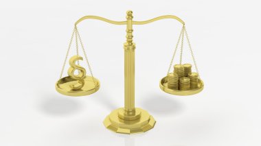 Denge ölçek paragraf sembolü ve beyaz arka plan üzerinde izole altın para ile.