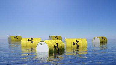  Deniz yüzeyinde yüzen radyoaktif biohazard için sarı varil atık