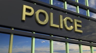 Bina polis işaret closeup, cam yansıtan gökyüzü ile.