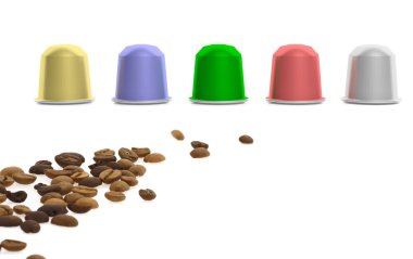 Colorful coffee capsules and coffee beans, isolated on white background. clipart