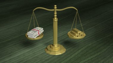 Denge ölçek Doları paketleri ve altın külçeleri ahşap yüzey ile