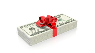 Beyaz arka plan üzerinde izole kırmızı kurdele ile 100 yığınının Doları banknot