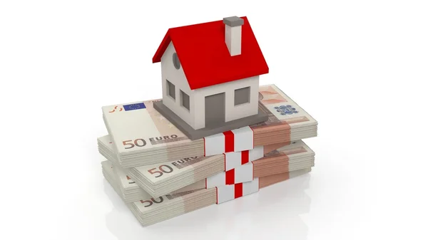 Hus på eurosedlar på 50 i stack, isolerad på vit bakgrund — Stockfoto