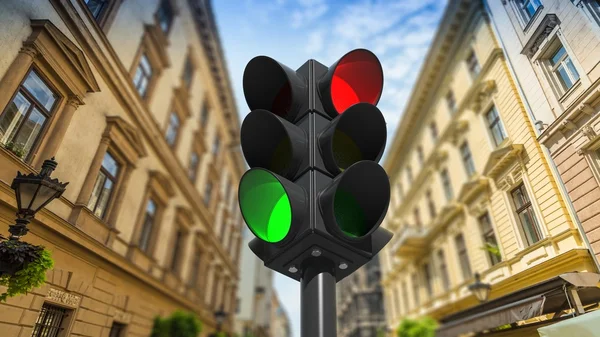 Traffic lights on green and red, with city street view background — Stock Photo, Image