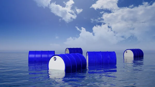 Tambores de óleo azul 3D flutuando na superfície do mar, com céu azul — Fotografia de Stock