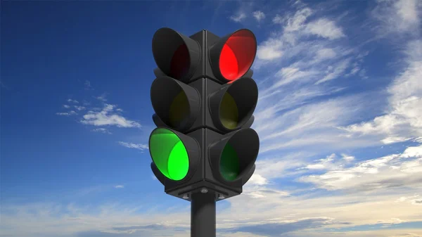 Світлофори на зеленому та червоному, з фоном блакитного неба — стокове фото