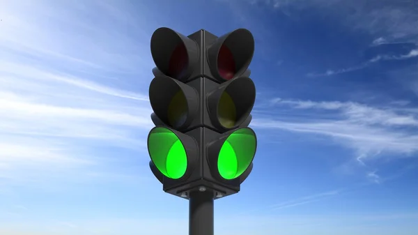 Traffic lights on green, with blue sky background — Stock Photo, Image